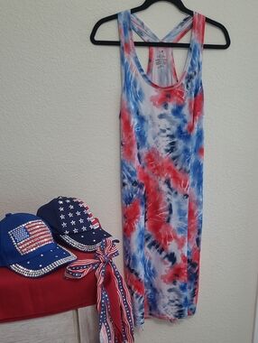 Women’s Swim Cover-Up - Red, Blue & White Tie Dye With 2 Caps Mix & Match
